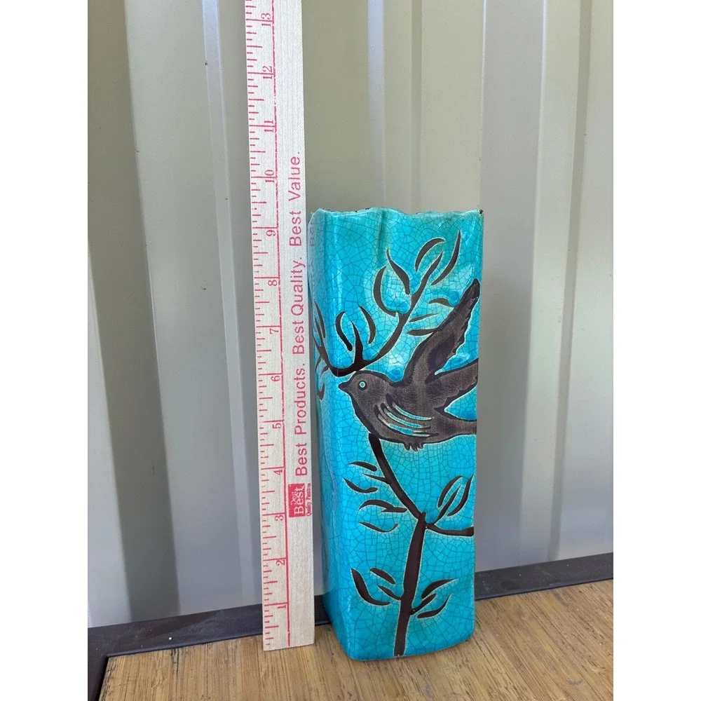 Turquoise Ceramic Bird Decor Set Crackle Glaze Bud Vase and Trinket Dish Blue
